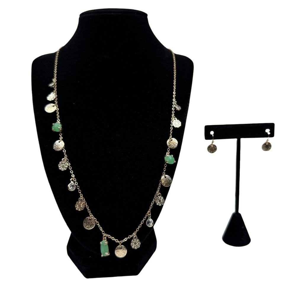 Gold Tone Dangle Charm Necklace & Earring Set Green Stones Clear Accents 19 in